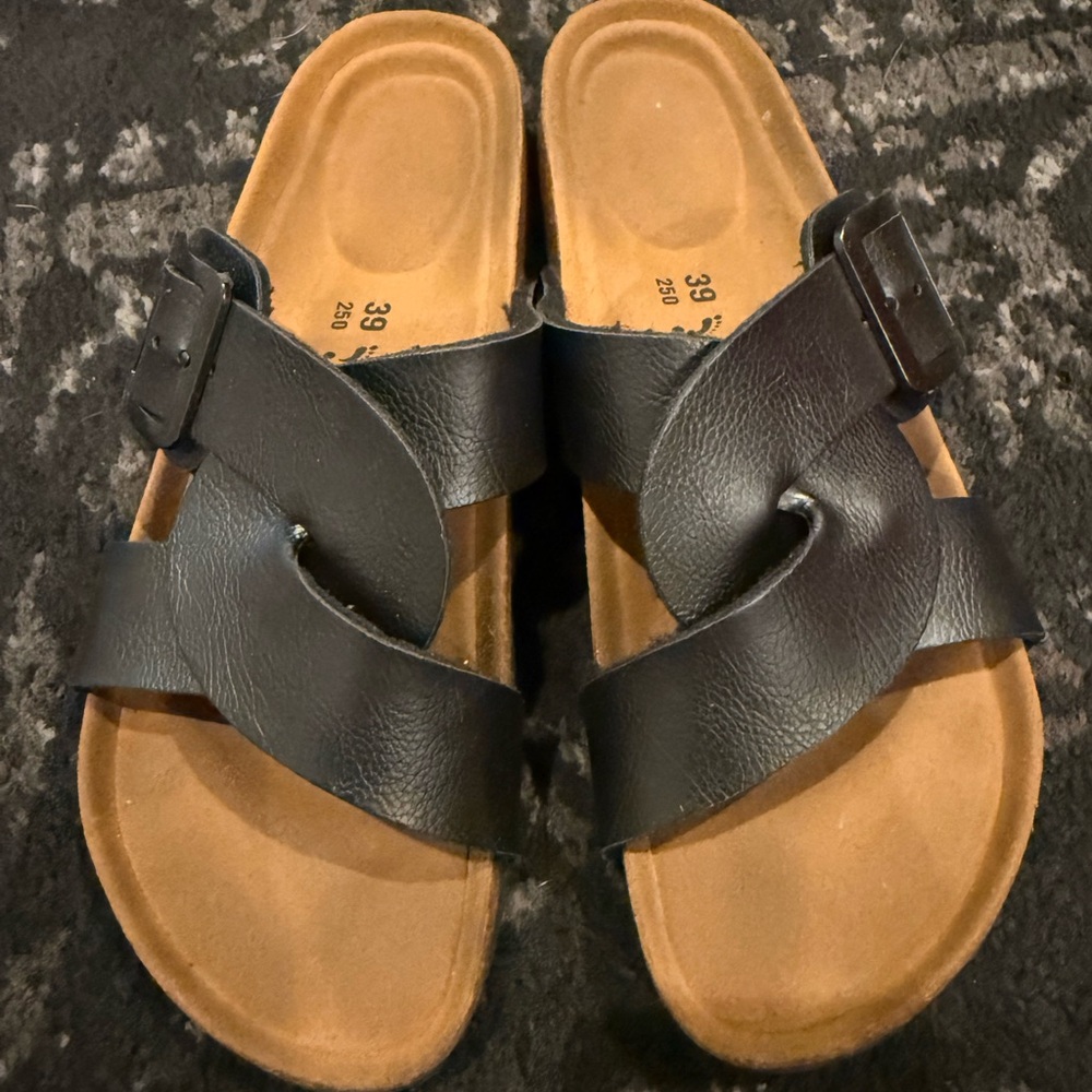 Women's Black Slide Sandals with Adjustable Buckle and Cushioned Footbed
